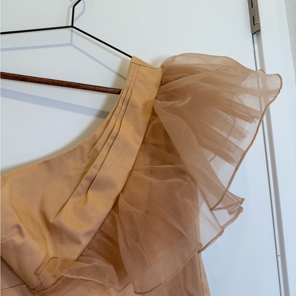 Mark + James by Badgley Mischka Organza One-Shoulder Tan Ruffle Dress - Picture 3 of 11